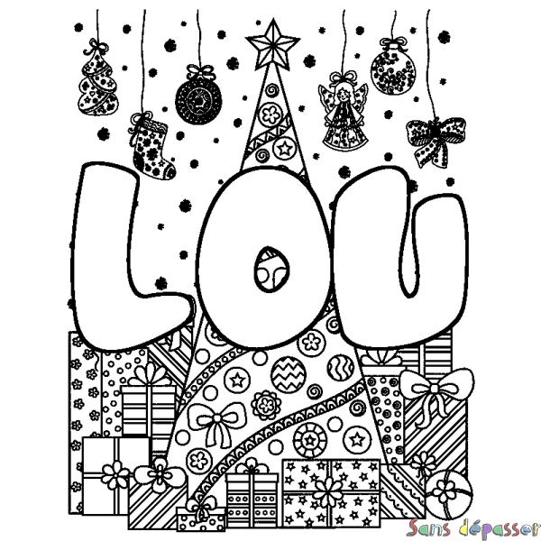Coloriage pr&eacute;nom LOU - d&eacute;cor Sapin et Cadeaux