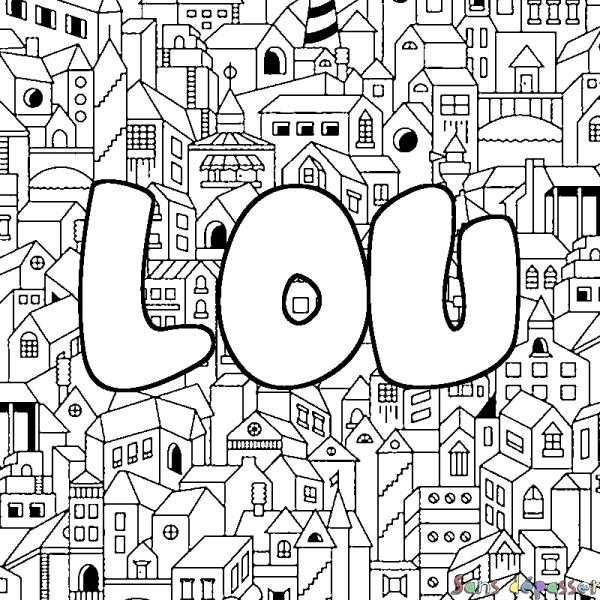 Coloriage pr&eacute;nom LOU - d&eacute;cor Ville