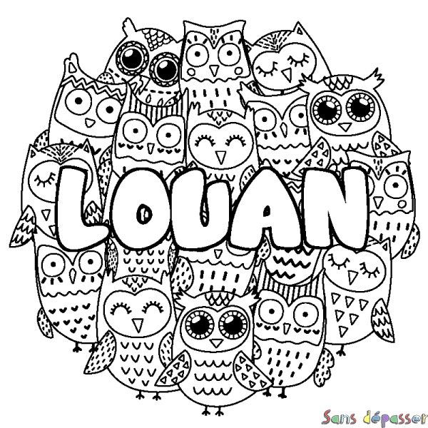 Coloriage pr&eacute;nom LOUAN - d&eacute;cor Chouettes