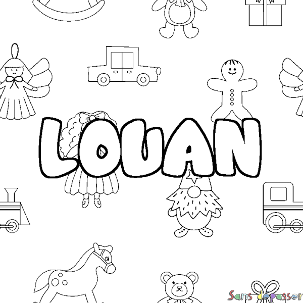 Coloriage pr&eacute;nom LOUAN - d&eacute;cor Jouets