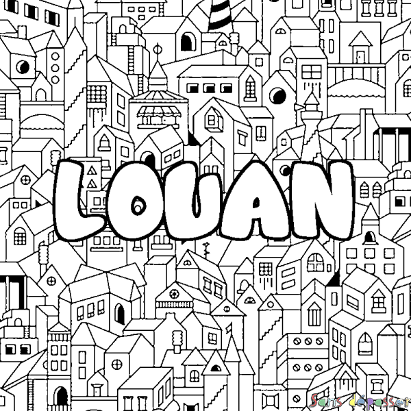 Coloriage pr&eacute;nom LOUAN - d&eacute;cor Ville