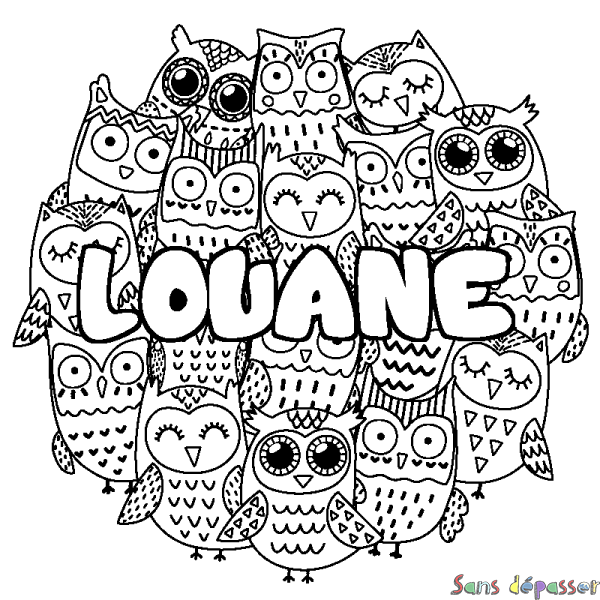 Coloriage pr&eacute;nom LOUANE - d&eacute;cor Chouettes