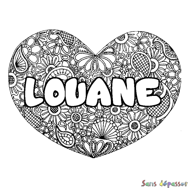 Coloriage pr&eacute;nom LOUANE - d&eacute;cor Mandala coeur