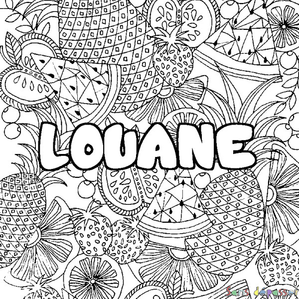 Coloriage pr&eacute;nom LOUANE - d&eacute;cor Mandala fruits