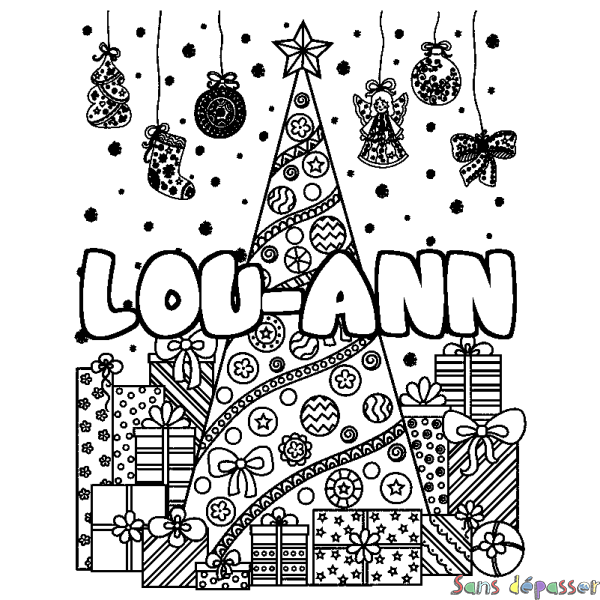 Coloriage pr&eacute;nom LOU-ANN - d&eacute;cor Sapin et Cadeaux