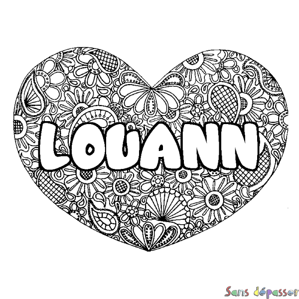 Coloriage pr&eacute;nom LOUANN - d&eacute;cor Mandala coeur
