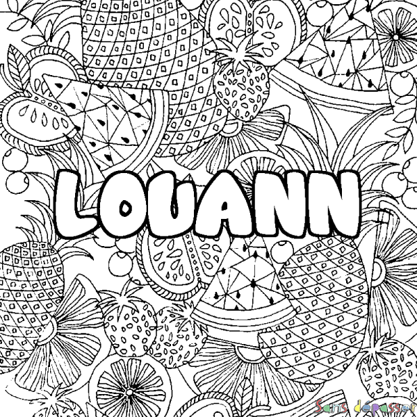 Coloriage pr&eacute;nom LOUANN - d&eacute;cor Mandala fruits