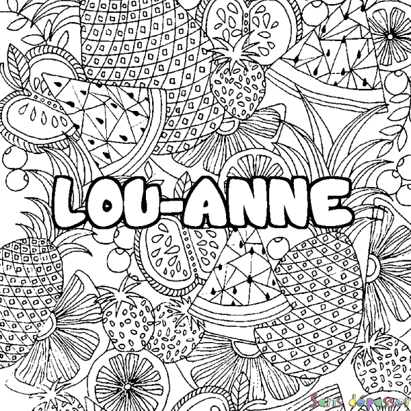 Coloriage pr&eacute;nom LOU-ANNE - d&eacute;cor Mandala fruits
