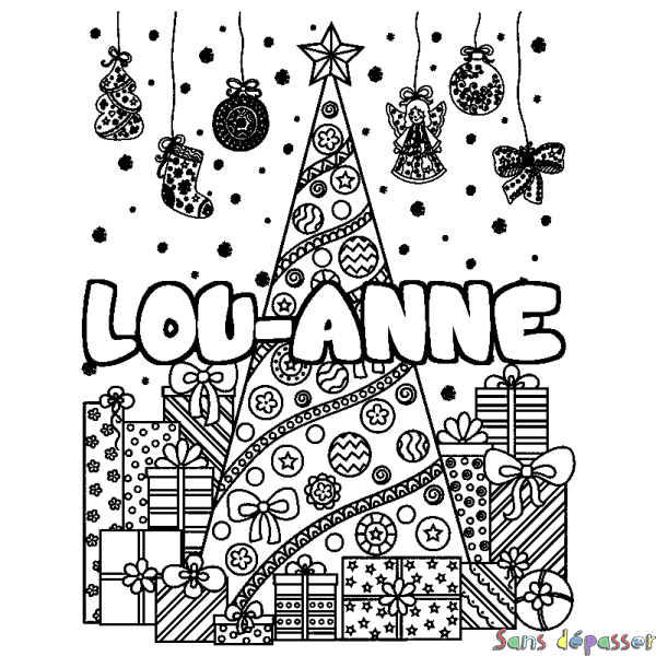 Coloriage pr&eacute;nom LOU-ANNE - d&eacute;cor Sapin et Cadeaux