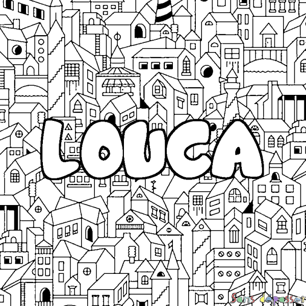 Coloriage pr&eacute;nom LOUCA - d&eacute;cor Ville