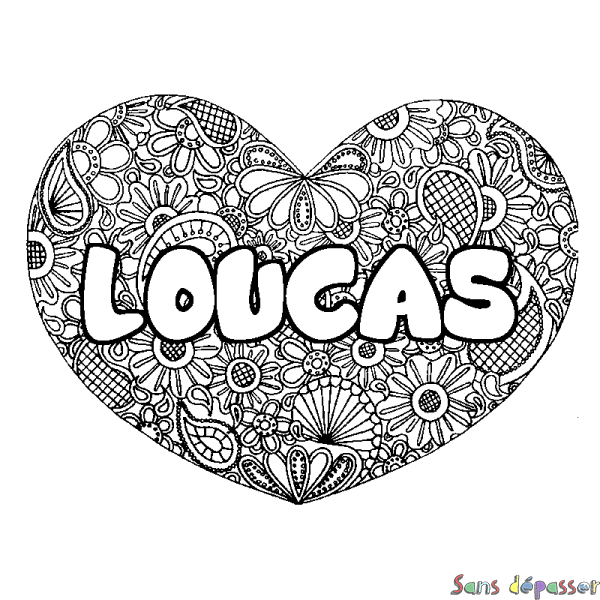 Coloriage pr&eacute;nom LOUCAS - d&eacute;cor Mandala coeur