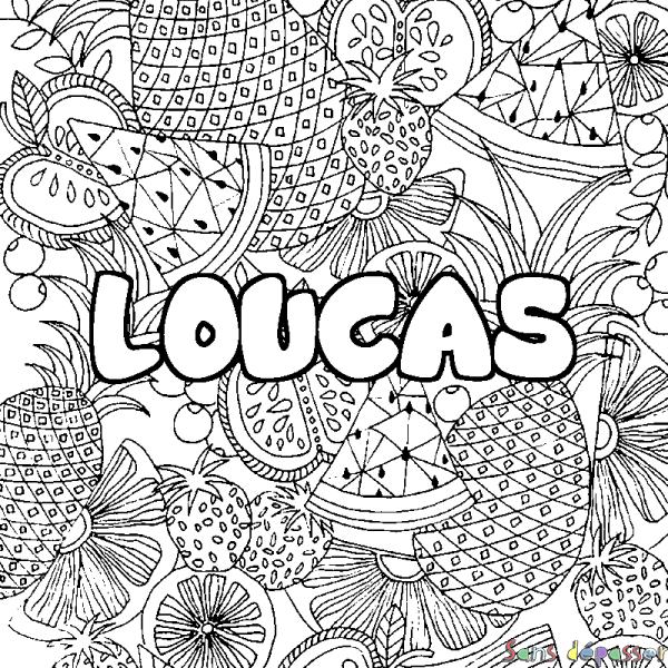 Coloriage prénom LOUCAS - d&eacute;cor Mandala fruits