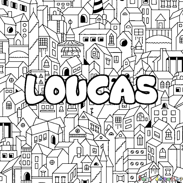 Coloriage pr&eacute;nom LOUCAS - d&eacute;cor Ville