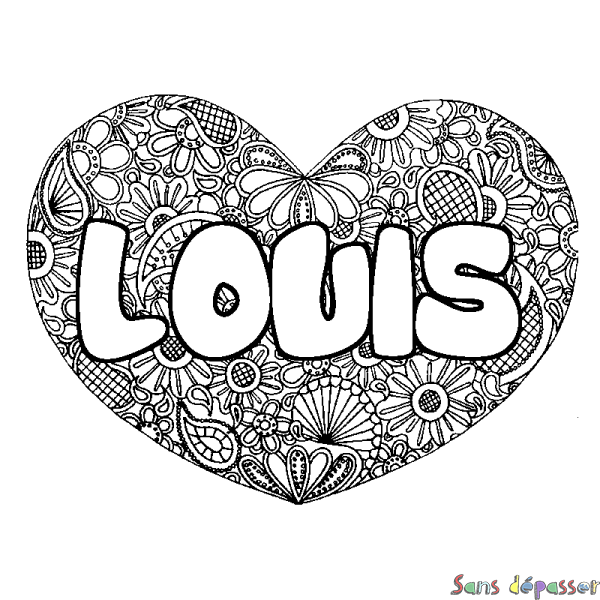 Coloriage pr&eacute;nom LOUIS - d&eacute;cor Mandala coeur