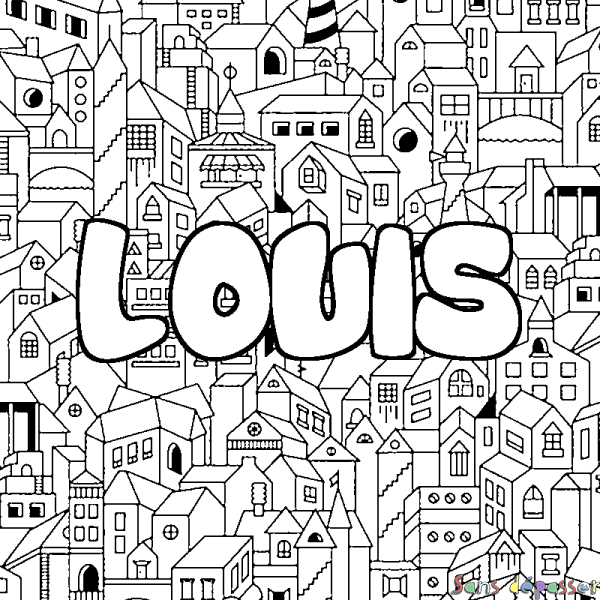 Coloriage pr&eacute;nom LOUIS - d&eacute;cor Ville