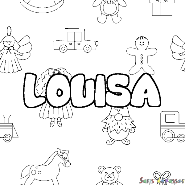 Coloriage pr&eacute;nom LOUISA - d&eacute;cor Jouets