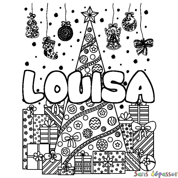 Coloriage pr&eacute;nom LOUISA - d&eacute;cor Sapin et Cadeaux