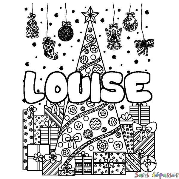Coloriage pr&eacute;nom LOUISE - d&eacute;cor Sapin et Cadeaux