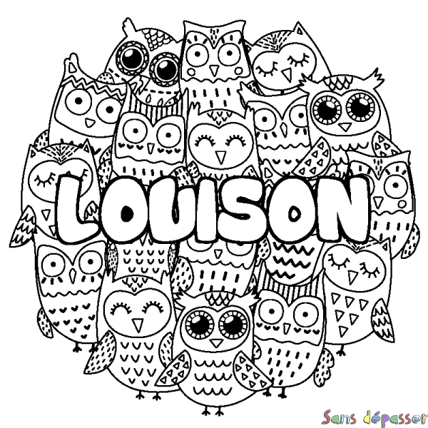 Coloriage pr&eacute;nom LOUISON - d&eacute;cor Chouettes