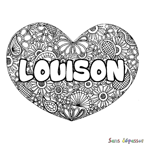 Coloriage pr&eacute;nom LOUISON - d&eacute;cor Mandala coeur
