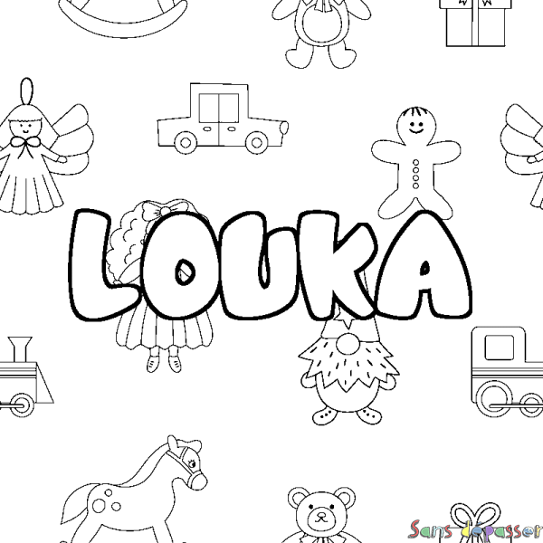 Coloriage pr&eacute;nom LOUKA - d&eacute;cor Jouets