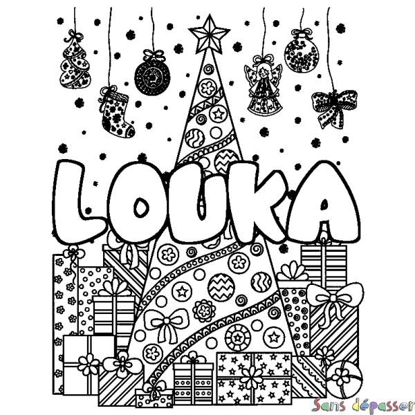 Coloriage pr&eacute;nom LOUKA - d&eacute;cor Sapin et Cadeaux