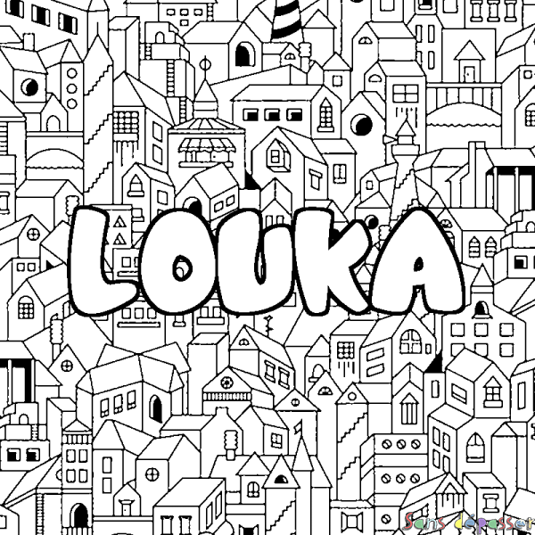 Coloriage pr&eacute;nom LOUKA - d&eacute;cor Ville