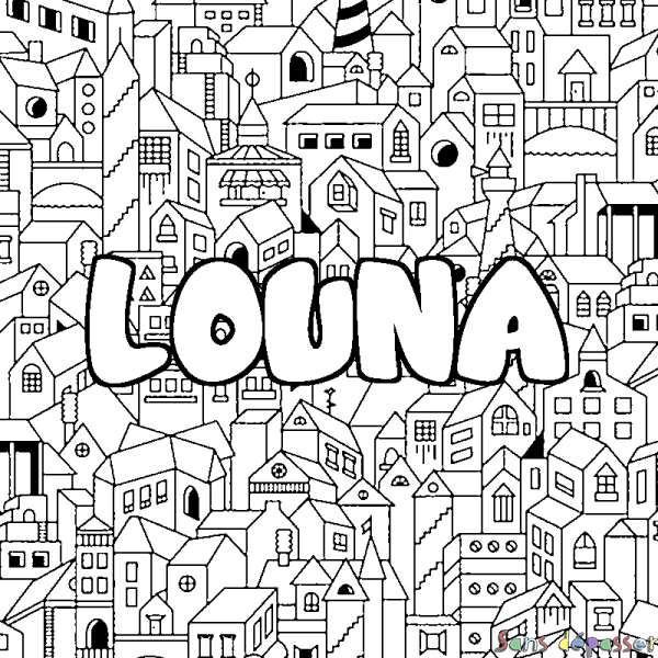 Coloriage pr&eacute;nom LOUNA - d&eacute;cor Ville