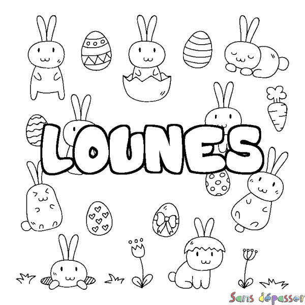 Coloriage pr&eacute;nom LOUNES - d&eacute;cor Paques