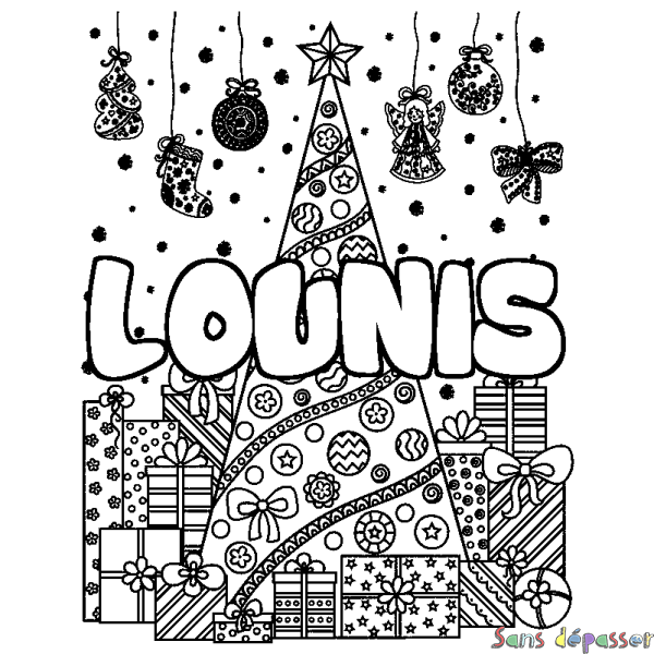 Coloriage pr&eacute;nom LOUNIS - d&eacute;cor Sapin et Cadeaux