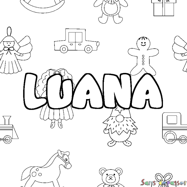 Coloriage pr&eacute;nom LUANA - d&eacute;cor Jouets