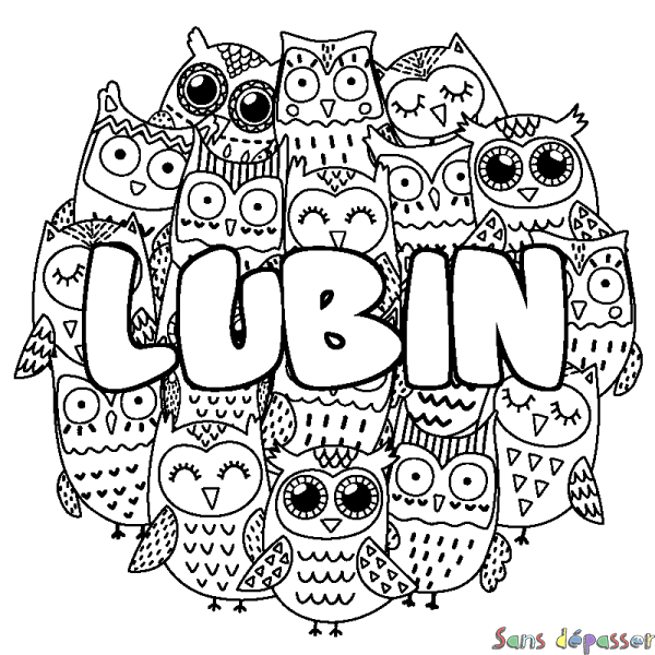 Coloriage pr&eacute;nom LUBIN - d&eacute;cor Chouettes
