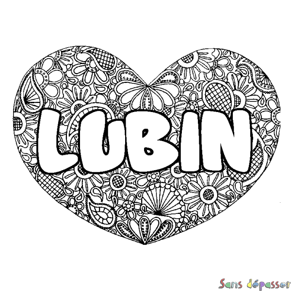 Coloriage pr&eacute;nom LUBIN - d&eacute;cor Mandala coeur