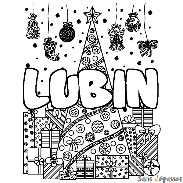 Coloriage prénom LUBIN - d&eacute;cor Sapin et Cadeaux