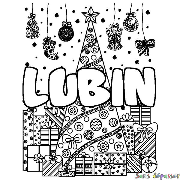 Coloriage pr&eacute;nom LUBIN - d&eacute;cor Sapin et Cadeaux