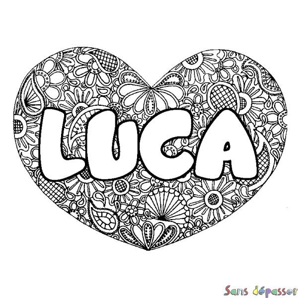 Coloriage prénom LUCA - d&eacute;cor Mandala coeur