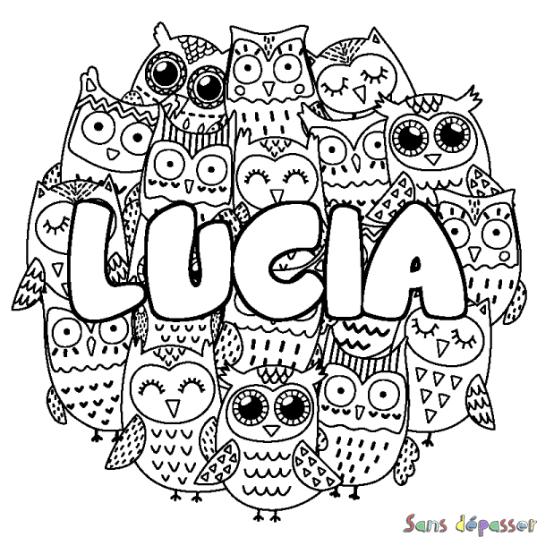 Coloriage pr&eacute;nom LUCIA - d&eacute;cor Chouettes