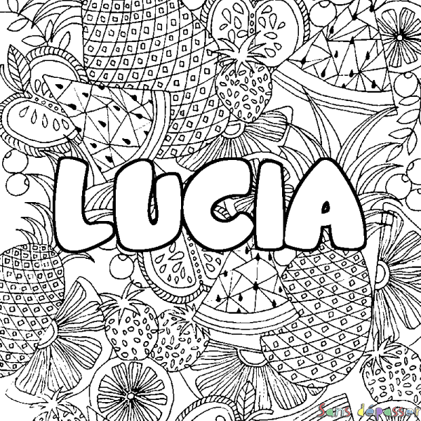 Coloriage pr&eacute;nom LUCIA - d&eacute;cor Mandala fruits