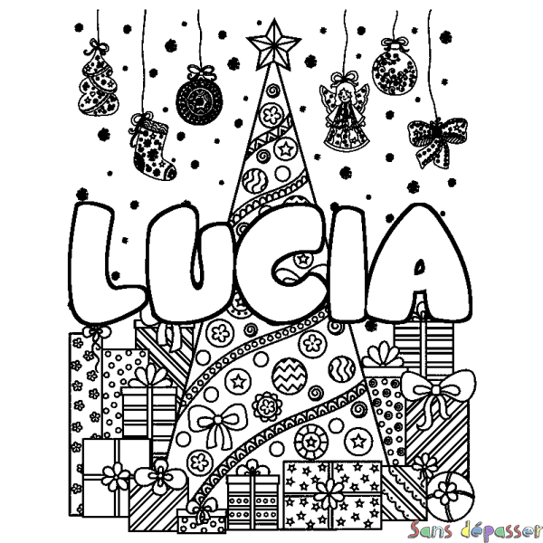 Coloriage pr&eacute;nom LUCIA - d&eacute;cor Sapin et Cadeaux