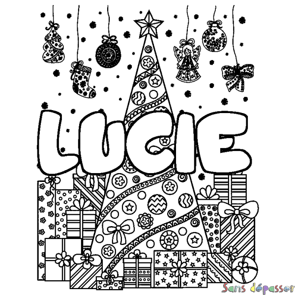 Coloriage pr&eacute;nom LUCIE - d&eacute;cor Sapin et Cadeaux