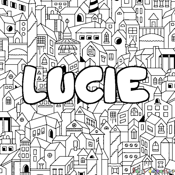 Coloriage pr&eacute;nom LUCIE - d&eacute;cor Ville