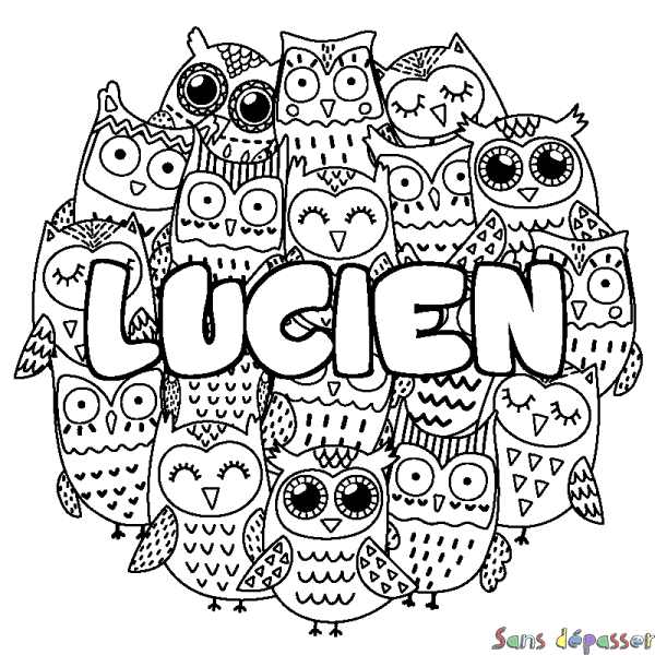 Coloriage pr&eacute;nom LUCIEN - d&eacute;cor Chouettes