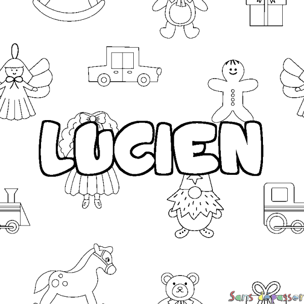 Coloriage pr&eacute;nom LUCIEN - d&eacute;cor Jouets