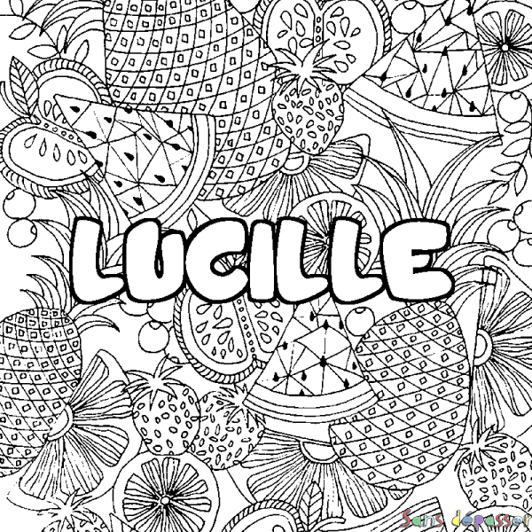 Coloriage pr&eacute;nom LUCILLE - d&eacute;cor Mandala fruits