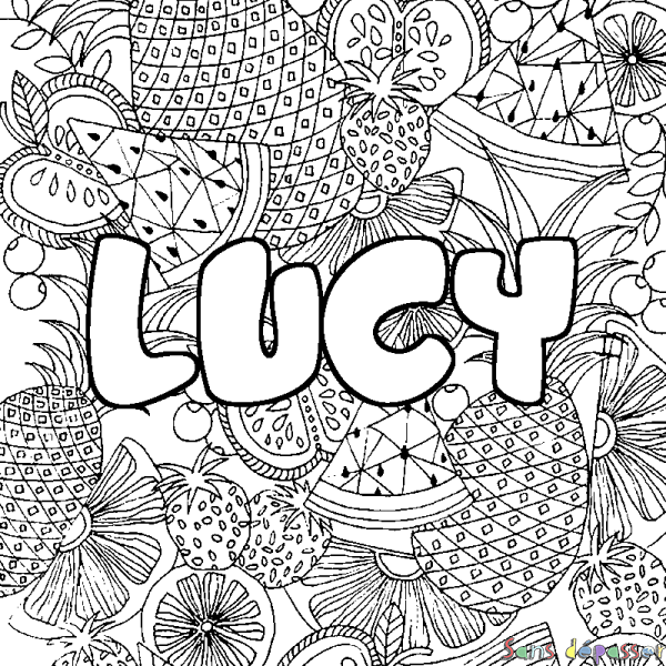 Coloriage pr&eacute;nom LUCY - d&eacute;cor Mandala fruits