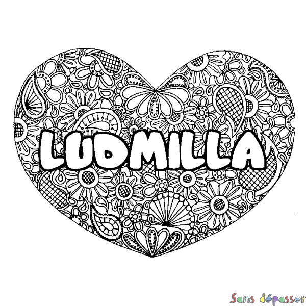 Coloriage prénom LUDMILLA - d&eacute;cor Mandala coeur