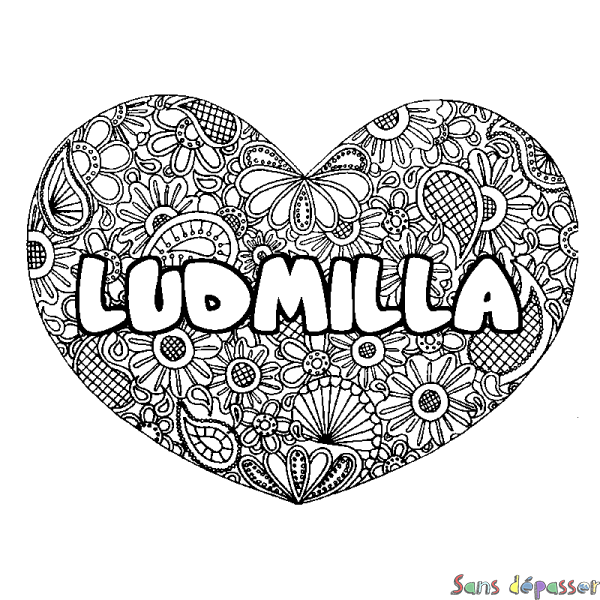 Coloriage pr&eacute;nom LUDMILLA - d&eacute;cor Mandala coeur