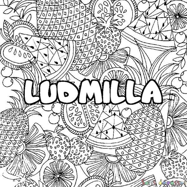 Coloriage pr&eacute;nom LUDMILLA - d&eacute;cor Mandala fruits