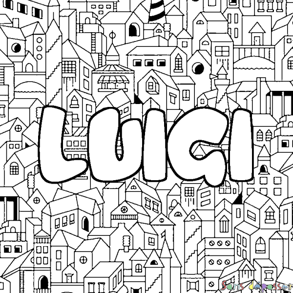 Coloriage pr&eacute;nom LUIGI - d&eacute;cor Ville