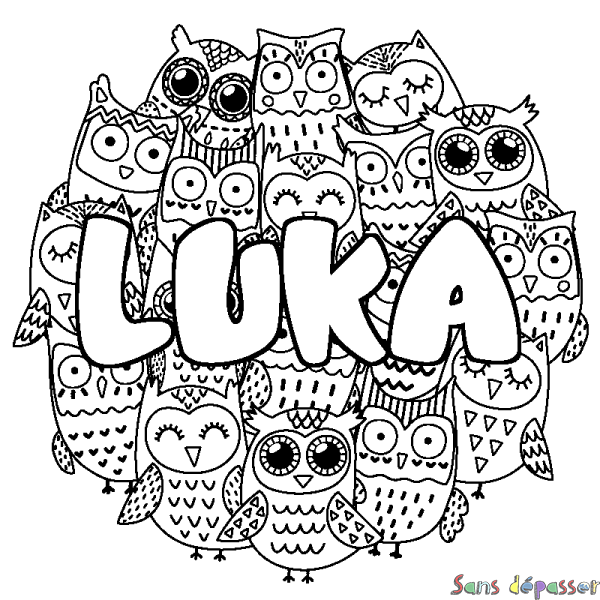 Coloriage pr&eacute;nom LUKA - d&eacute;cor Chouettes